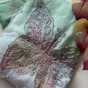 Pure Organza Mint Green Handwork Saree With Paint and Multicolour Pearl work