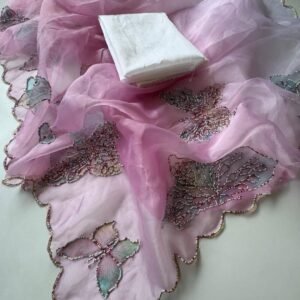 Pure Organza Pink Handwork Saree With Paint and Multicolour Pearl work