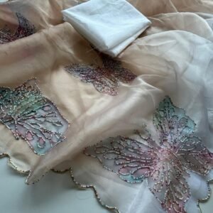 Pure Organza Gold  Handwork Saree With Paint and Multicolour Pearl work