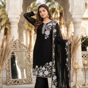 Elegant Black Embroidered Kurta Black Set with Dupatta