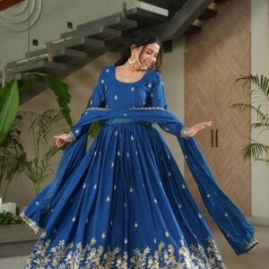 Premium Blue Chinnon Embroidered Gown with Dupatta