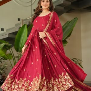 Premium Red Chinnon Embroidered Gown with Dupatta