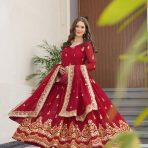 Premium Faux Blooming Designer Embroidered Red Gown with Dupatta