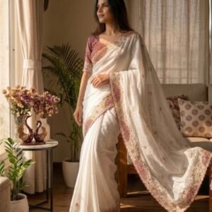 Ivory Elegance Soft Crunchy Saree with Designer Chinnon Blouse
