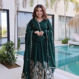Regal Flora Emerald Green Embroidered Anarkali Gown Set