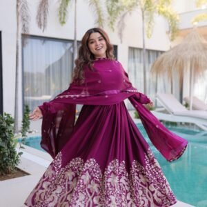 Regal Flora Red Wine Embroidered Anarkali Gown Set