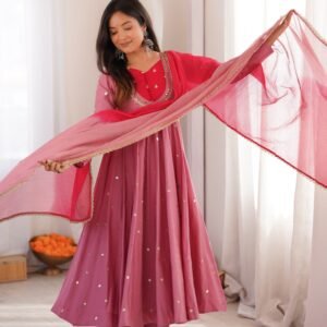 Premium Roman Silk Embroidered Rose Pink Gown Set with Bottom & Dupatta