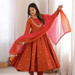 Premium Roman Silk Embroidered Orange Gown Set with Bottom &Dupatta