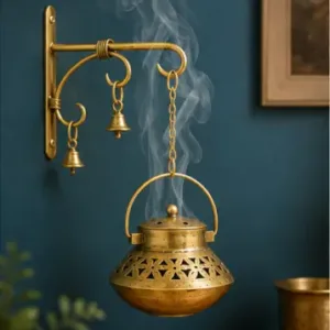 Antique Gold Dhoop Pot Wall Hanging with Bells & Chain | Metal Incense Holder for Home Temple & Décor ( default, OS )