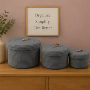 Sara Enterprises Cotton Rope Storage Baskets with Lids (Set of 3) | Round Woven Jute Organizer Baskets for Home & Kitchen ( grey, OS )