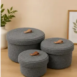 Sara Enterprises Cotton Rope Storage Baskets with Lids (Set of 3) | Round Woven Jute Organizer Baskets for Home & Kitchen ( grey, OS )