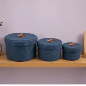 Sara Enterprises Cotton Rope Storage Baskets with Lids (Set of 3) | Round Woven Jute Organizer Baskets for Home & Kitchen ( blue, OS )