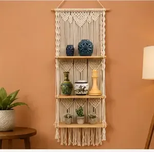 Boho Handmade Macrame Wall Hanging Wooden Floating Shelf – Decorative Storage Shelf for Plants, Books & Home Décor (Off-White) ( default, OS )