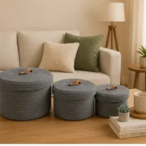 Sara Enterprises Cotton Rope Storage Baskets with Lids (Set of 3) | Round Woven Jute Organizer Baskets for Home & Kitchen ( grey, OS )