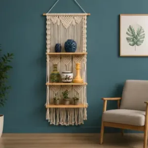 Boho Handmade Macrame Wall Hanging Wooden Floating Shelf – Decorative Storage Shelf for Plants, Books & Home Décor (Off-White) ( default, OS )