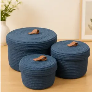 Sara Enterprises Cotton Rope Storage Baskets with Lids (Set of 3) | Round Woven Jute Organizer Baskets for Home & Kitchen ( blue, OS )
