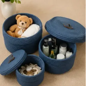 Sara Enterprises Cotton Rope Storage Baskets with Lids (Set of 3) | Round Woven Jute Organizer Baskets for Home & Kitchen ( blue, OS )