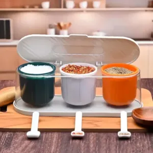 3-Grid Spice Storage Box with Spoons – Multipurpose Masala Container Organizer for Kitchen Seasoning, Sugar, Salt & Condiments ( default, OS )