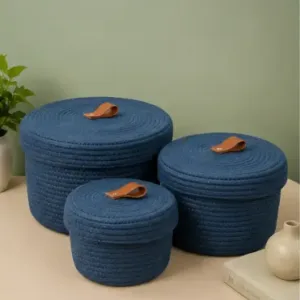 Sara Enterprises Cotton Rope Storage Baskets with Lids (Set of 3) | Round Woven Jute Organizer Baskets for Home & Kitchen ( blue, OS )