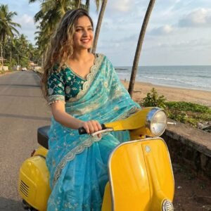 Sofiya Soft Fendy Satin Saree Sky Blue  With Embroidery Sequence Stitched Blouse