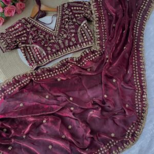 Premium Soft Fandy Satin Silk Royal Purple Embroidery Sequence Saree Collection