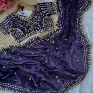 Premium Soft Fandy Satin Silk Teal Blue Embroidery Sequence Saree Collection