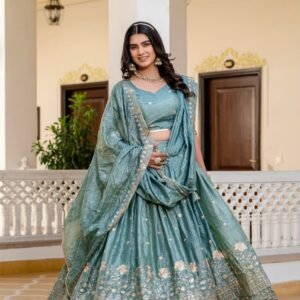 Premium Gold Crush Teal Blue Lehenga Choli Set – Royal Wedding Collection