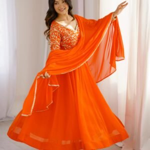 Designer Georgette Orange Embroidered Gown Set with Dupatta