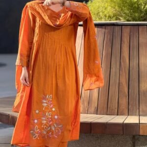 Orange Pure Cotton Embroidered Suit Set with Dupatta
