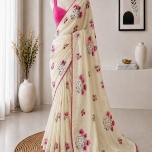 Light Weight Kota Chex Embroidered Ivory Saree with Banglori Blouse