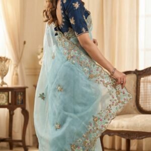 Pure Soft Silk Embroidered Sky Blue Saree – Elegant Festive &Wedding Collection