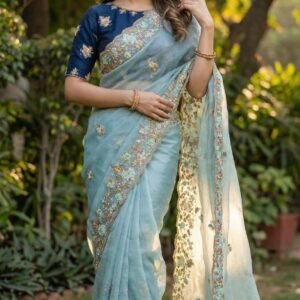 Pure Soft Silk Embroidered Sea Blue  Saree – Elegant Festive & Wedding Collection