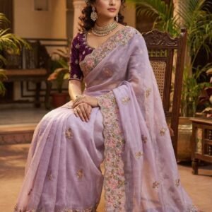Pure Soft Silk Embroidered Lavender Saree – Elegant Festive &Wedding Collection