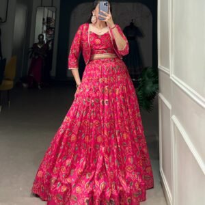 Premium Tasar Silk Floral Print Lehenga Set with Koti