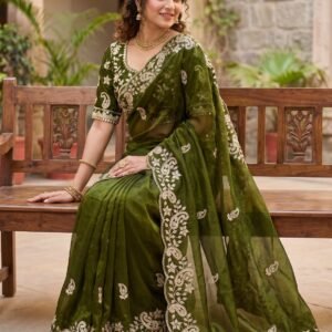 Fendy Satin Designer Olive Green Saree with Embroidered C-Pallu