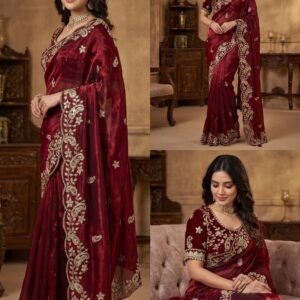 Fendy Satin Designer Maroon Saree with Embroidered C-Pallu