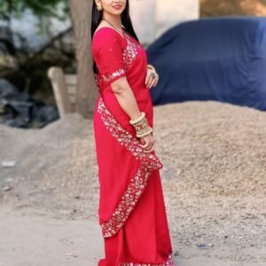 Crush Silk Saree with Fancy Sequins Embroidery Work – Red