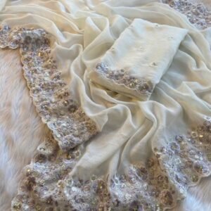 Crush Silk Saree with Fancy Sequins Embroidery Work – White