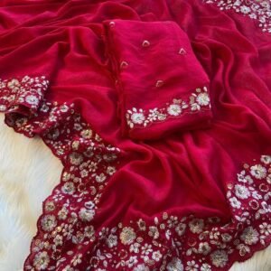 Crush Silk Saree with Fancy Sequins Embroidery Work – Pink