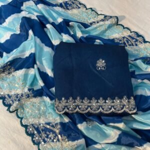 Soft Chinon Silk Pink  Digital Sky Blue Saree – Elegant Sequins Zari Work