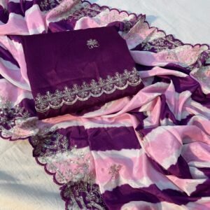 Soft Chinon Silk Pink  Digital Purple Saree – Elegant Sequins Zari Work