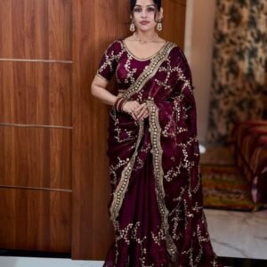 Women's Soft Space Silk Maroon Saree with Sequins Embroidered Blouse