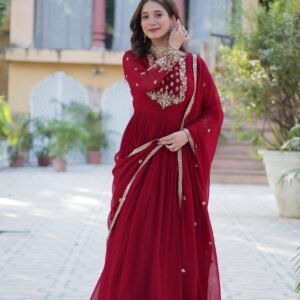 Women's Designer Faux Blooming Maroon Georgette Embroidered Gown with Dupatta