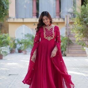 Women's Designer Faux Blooming Pink Georgette Embroidered Gown with Dupatta