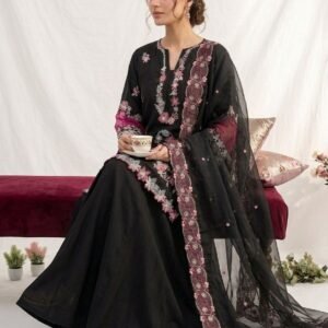 Designer Embroidered Crepe Top, Palazzo & Dupatta Set – Black