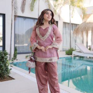 Women's Mirror Work Salasa Co-Ord Set with Batwa Bag – Peach