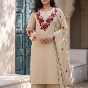 White Khadi Cotton Embroidered Kurta Pant Set with Dupatta