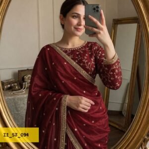 Space Satin Multi Sequence Work Maroon Saree