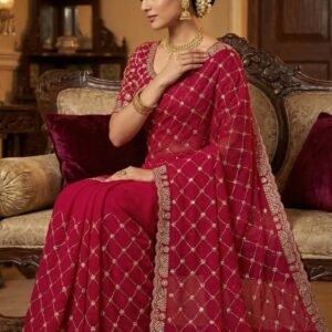 Women's Wine Pure Fandy Chiffon Silk Saree with Heavy Sequin Embroidery Work