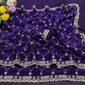 Women's Blue Pure Fandy Chiffon Silk Saree with Heavy Sequin Embroidery Work